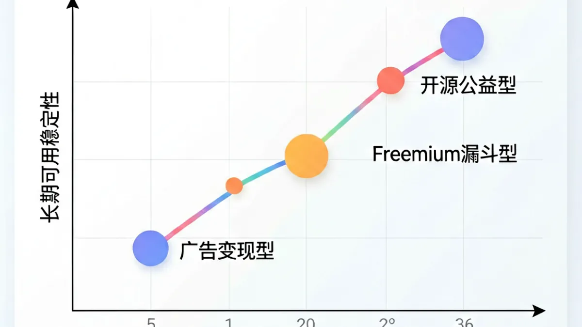 91免费 - 三种免费商业模式对比图表，横轴是用户风险，纵轴是长期可用性，标注广告型、Freemium型和开源型的位置